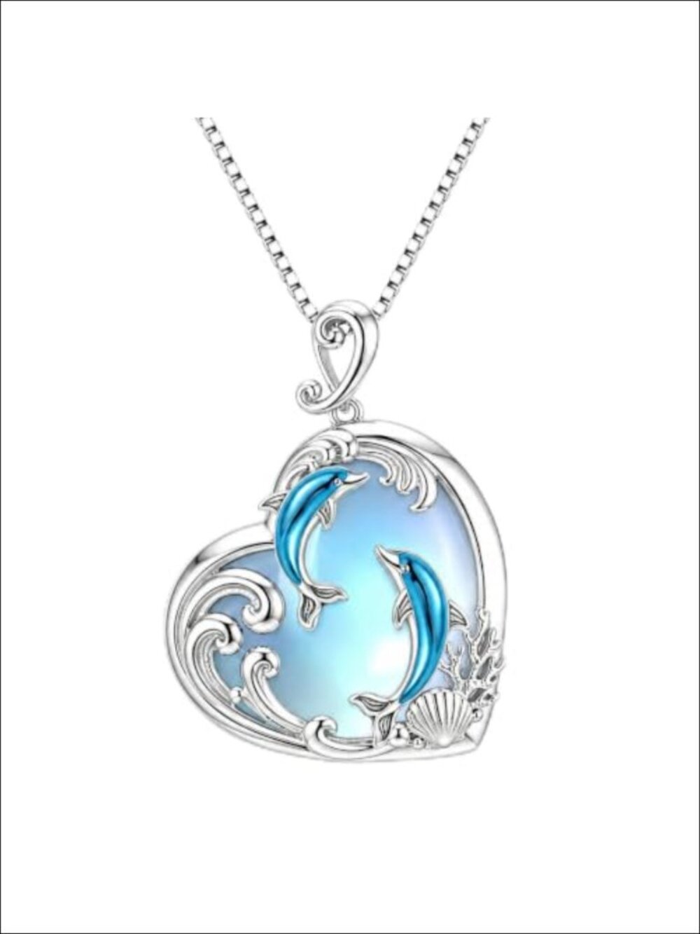 Dolphin Heart Pendant Necklace Moonstone Women Ocean